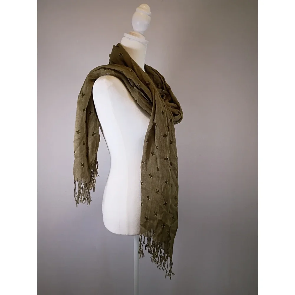 Boho Cottagecore Old Navy Women One Size Olive Green Floral Clover Fringe Scarf